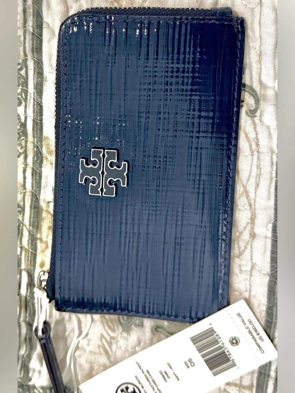 Tory Burch Britten Textured Patent Zip Card Case Navy (MSRP $